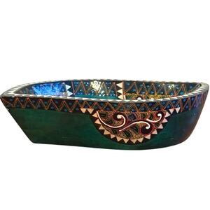 Hand-Painted Wooden Bowl Catchall Dish Green Blue Intricate Design Bohemian